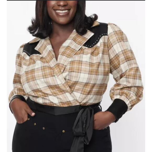 Unique Vintage Western Brown Metallic Plaid Wrap Jacket Top 3X NWOT - Picture 1 of 2